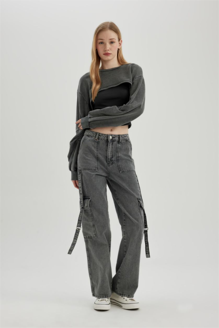 Kadın Antrasit Crop Yıkamalı Soluk Efektli Sweatshirt