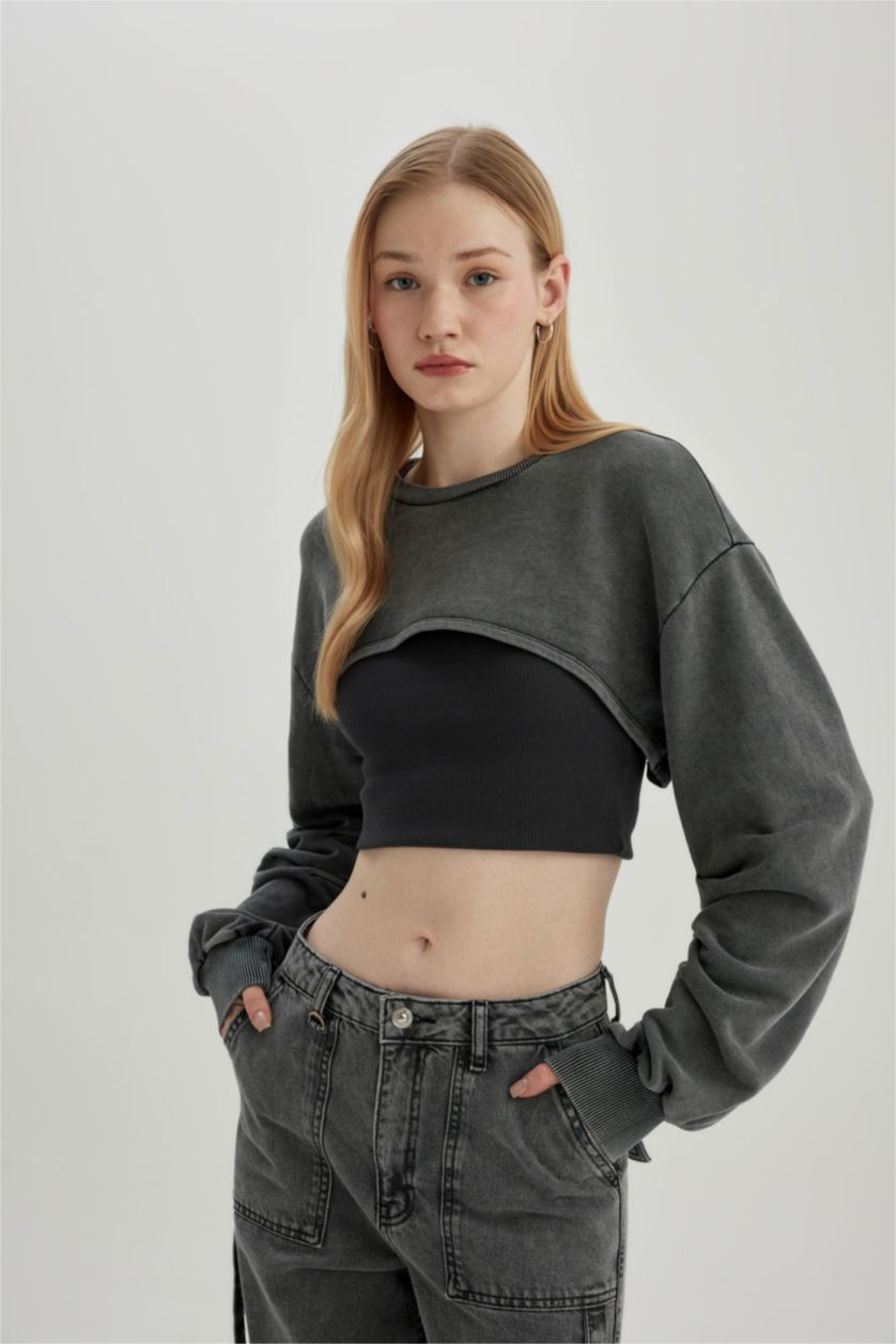 Kadın Antrasit Crop Yıkamalı Soluk Efektli Sweatshirt