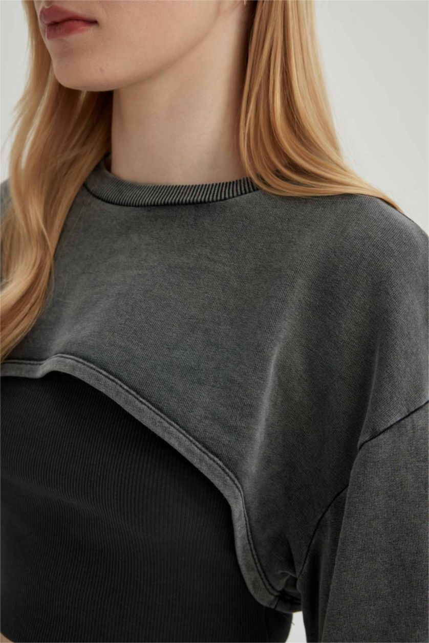 Kadın Antrasit Crop Yıkamalı Soluk Efektli Sweatshirt