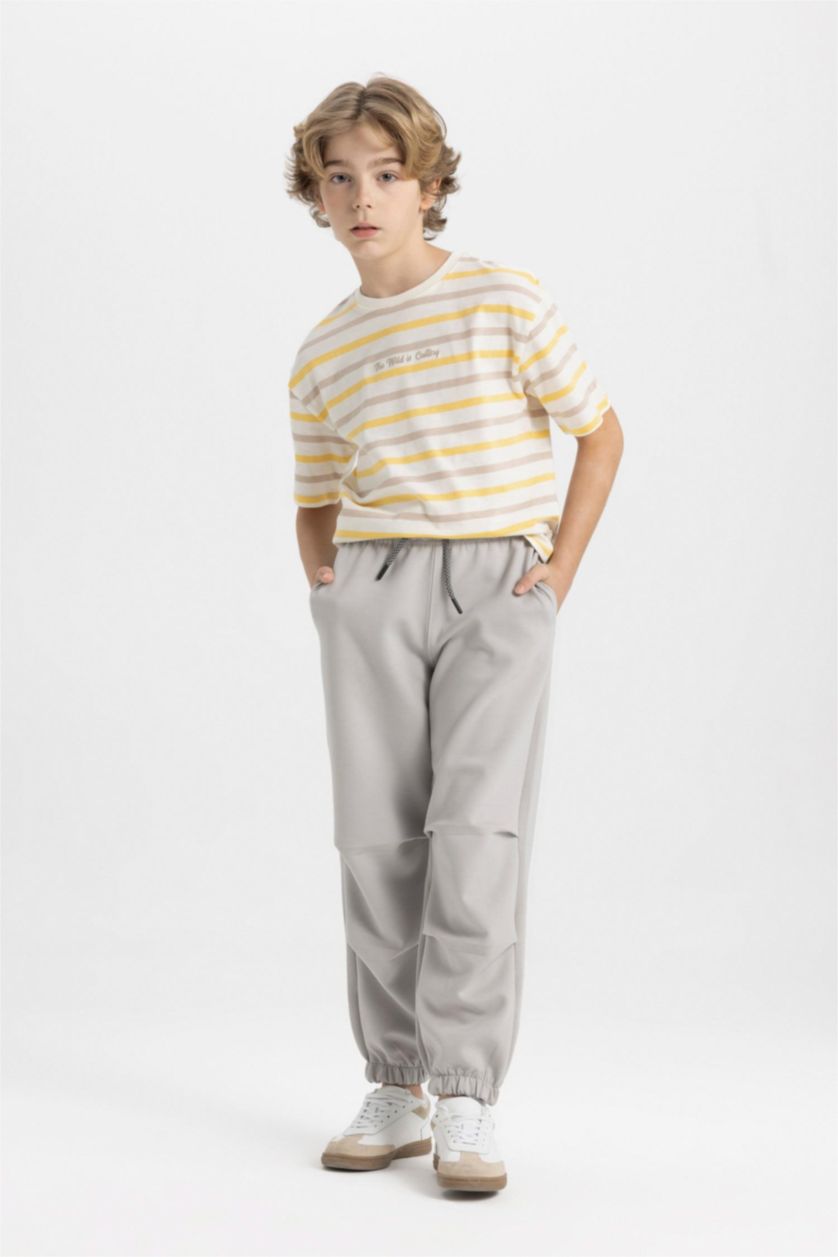 Erkek Çocuk - Genç Erkek Açık Gri Erkek Çocuk Beli Paçası Lastikli Cepli Basic Düz Jogger Eşofman Altı