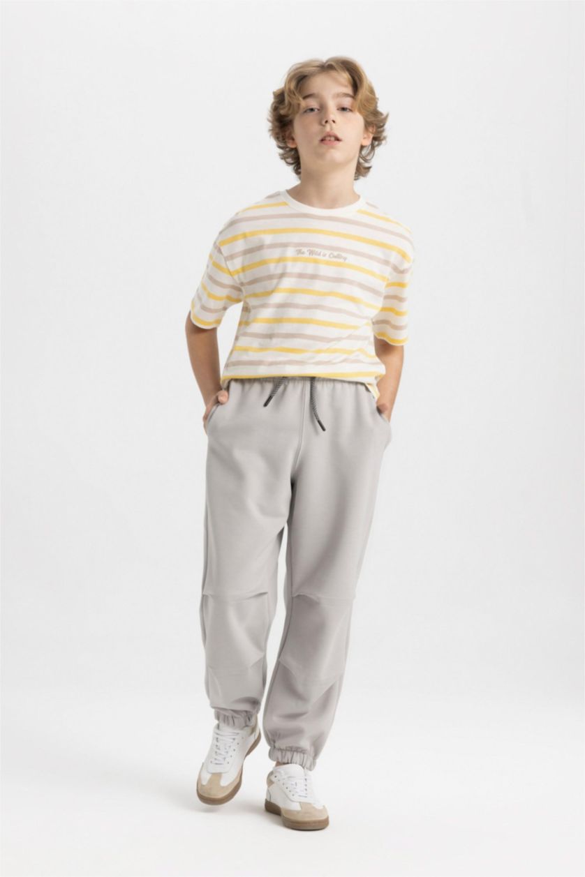 Erkek Çocuk - Genç Erkek Açık Gri Erkek Çocuk Beli Paçası Lastikli Cepli Basic Düz Jogger Eşofman Altı