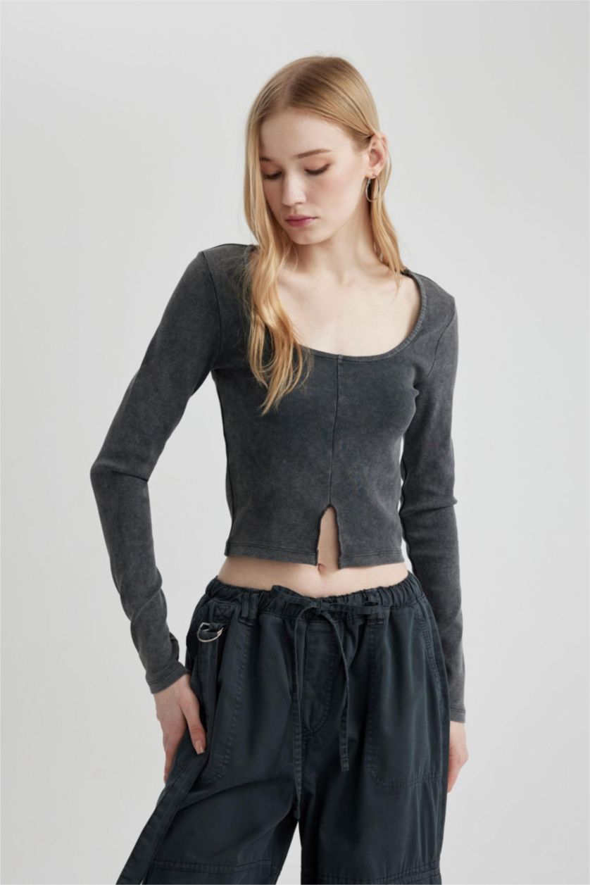 Kadın Antrasit Fitted Uzun Kollu Yıkamalı Soluk Efektli Tişört