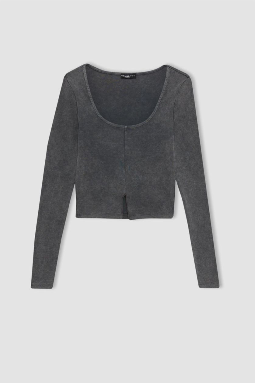 Kadın Antrasit Fitted Uzun Kollu Yıkamalı Soluk Efektli Tişört