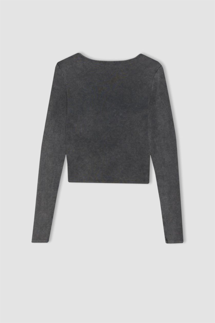 Kadın Antrasit Fitted Uzun Kollu Yıkamalı Soluk Efektli Tişört