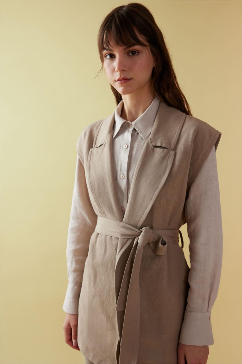 FEMME Beige Gilet Blazer Ceinturé en lin mélangé