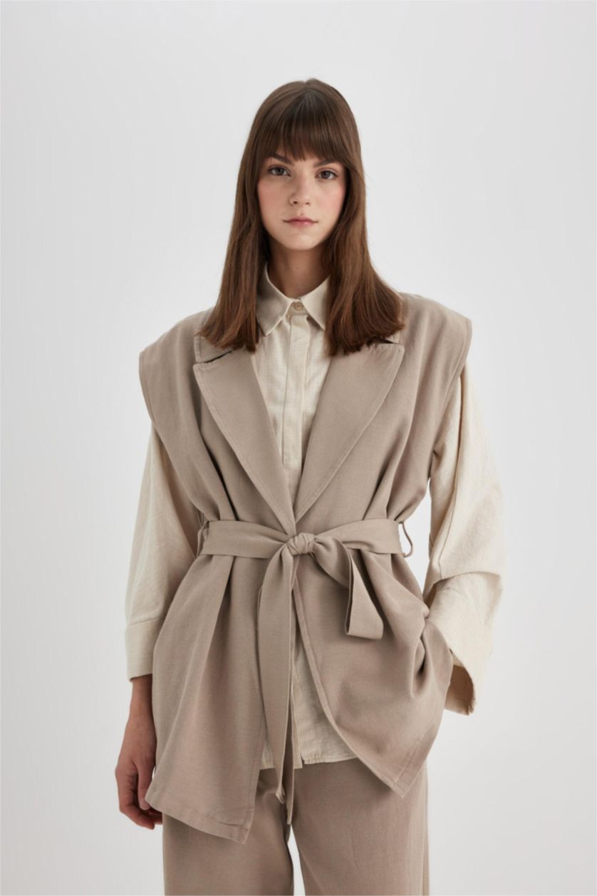 FEMME Beige Gilet Blazer Ceinturé en lin mélangé