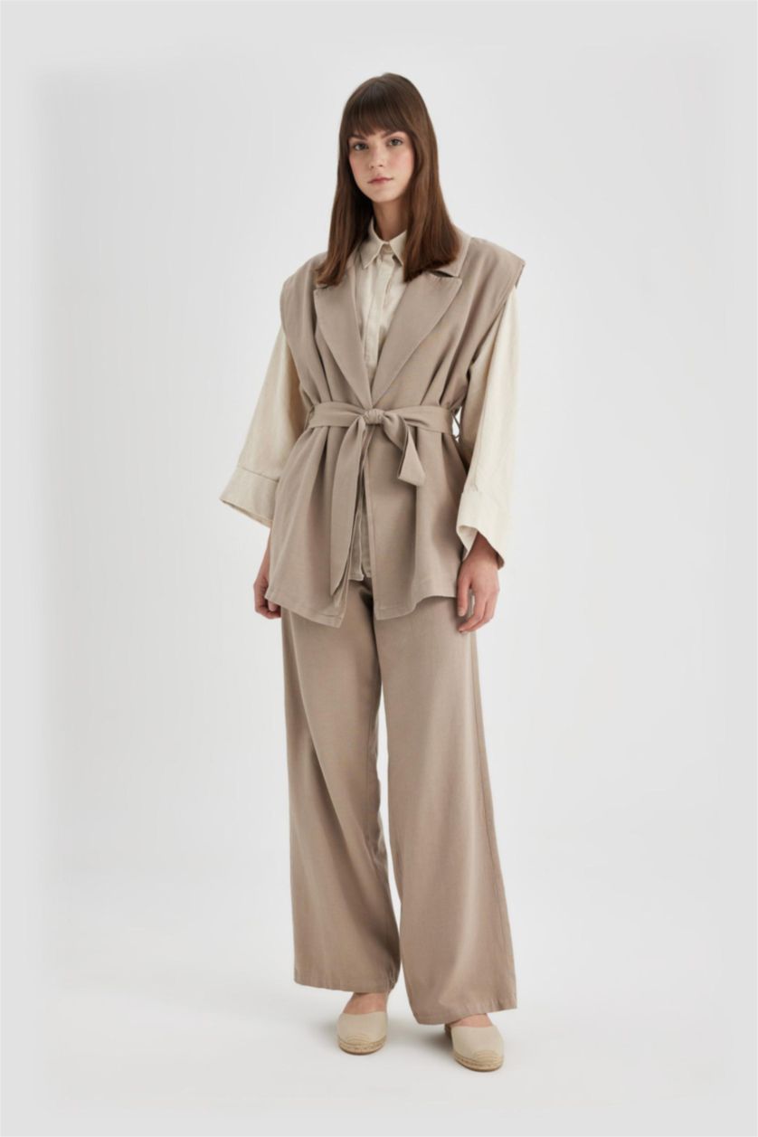 FEMME Beige Gilet Blazer Ceinturé en lin mélangé