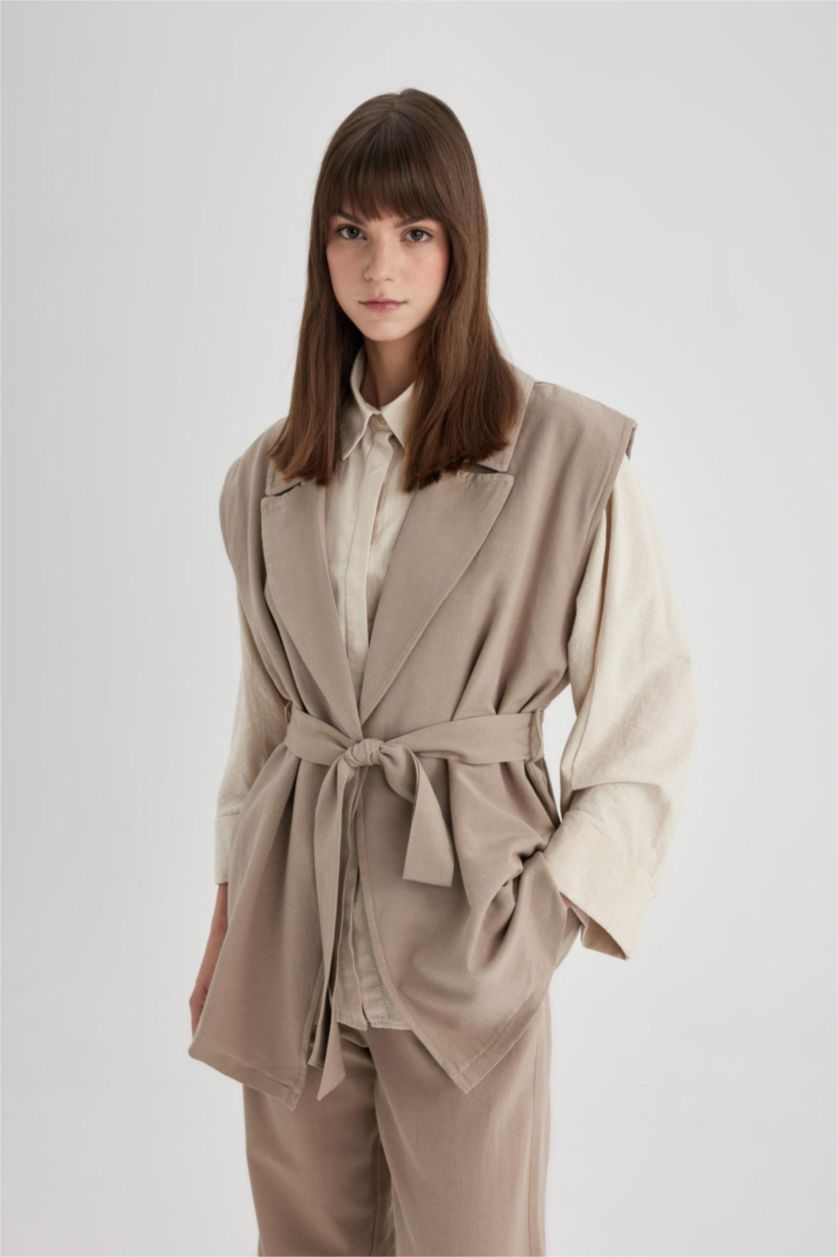 FEMME Beige Gilet Blazer Ceinturé en lin mélangé
