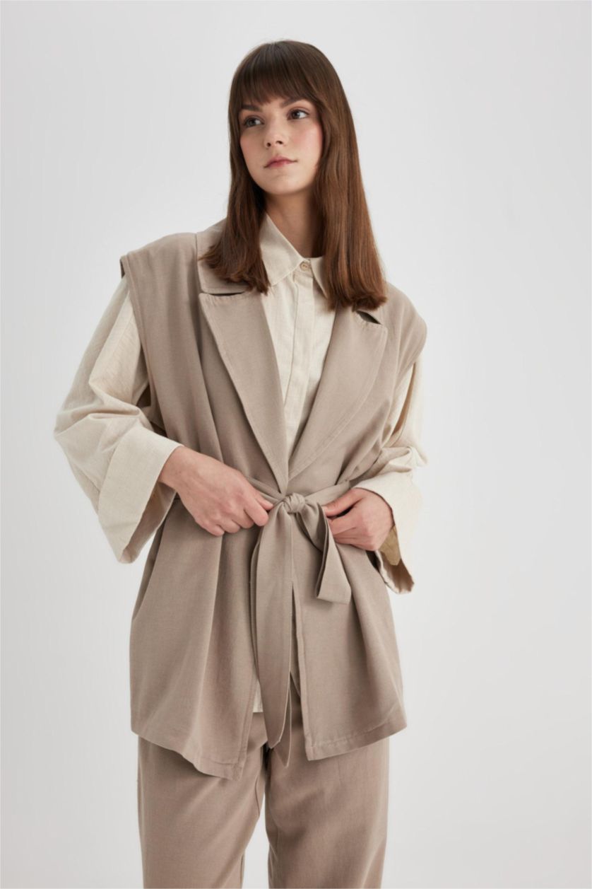 FEMME Beige Gilet Blazer Ceinturé en lin mélangé