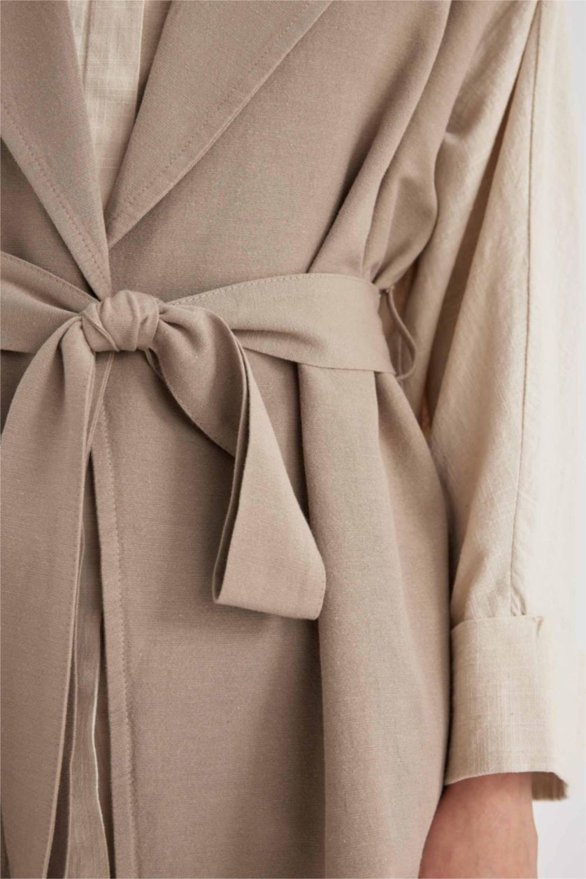 FEMME Beige Gilet Blazer Ceinturé en lin mélangé