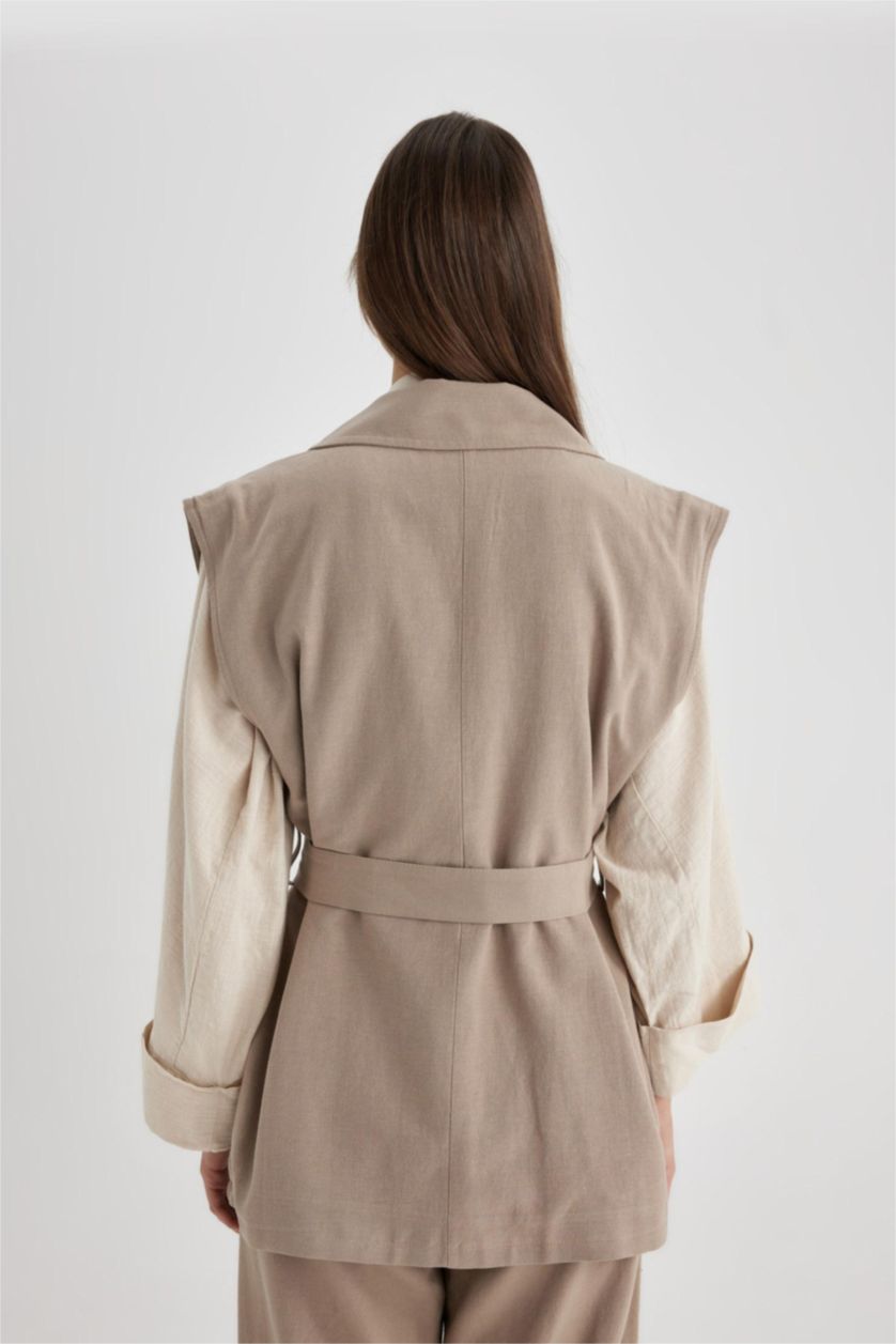 FEMME Beige Gilet Blazer Ceinturé en lin mélangé