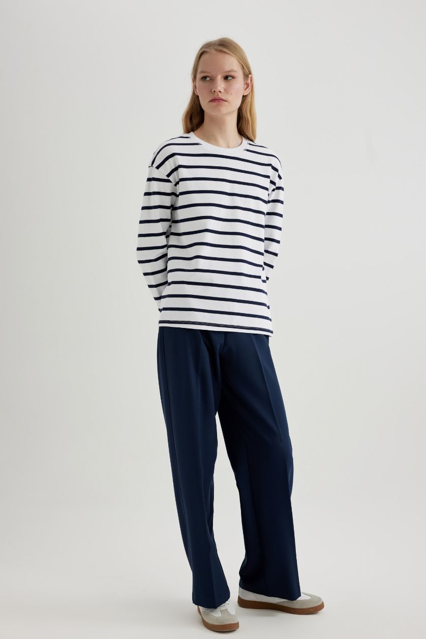 حريمي كحلي تيشيرت بيزك كم طويل قطن قصة عادية