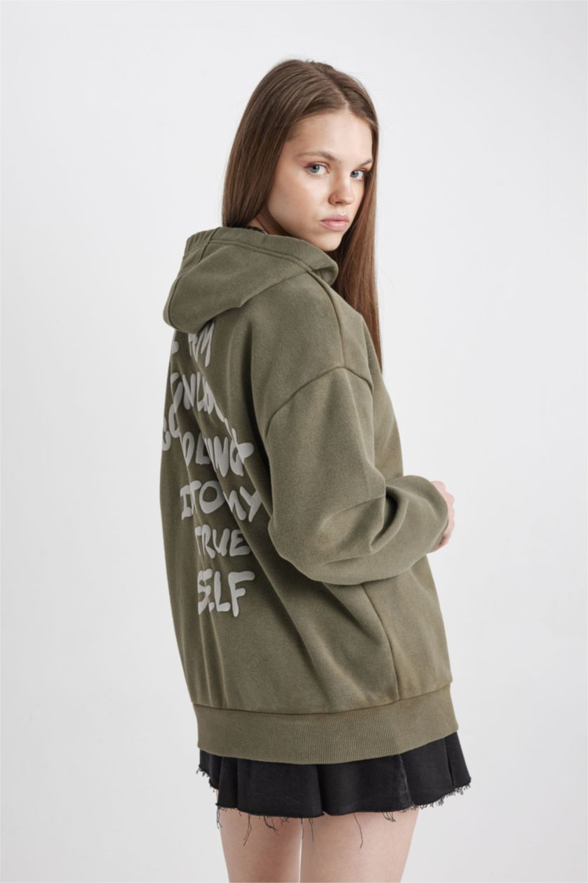FEMME Kaki Sweatshirt à Capuche Oversize Imprimé En Tissu Épais