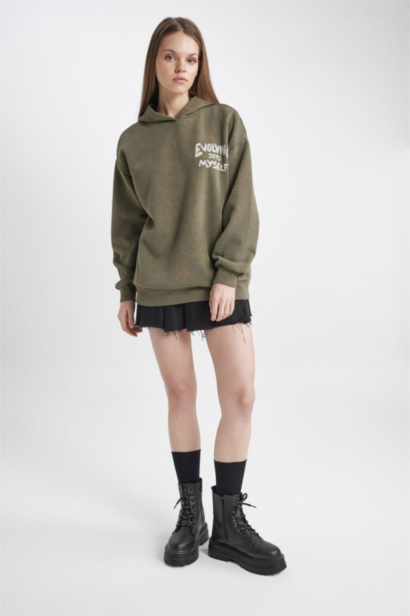 FEMME Kaki Sweatshirt à Capuche Oversize Imprimé En Tissu Épais