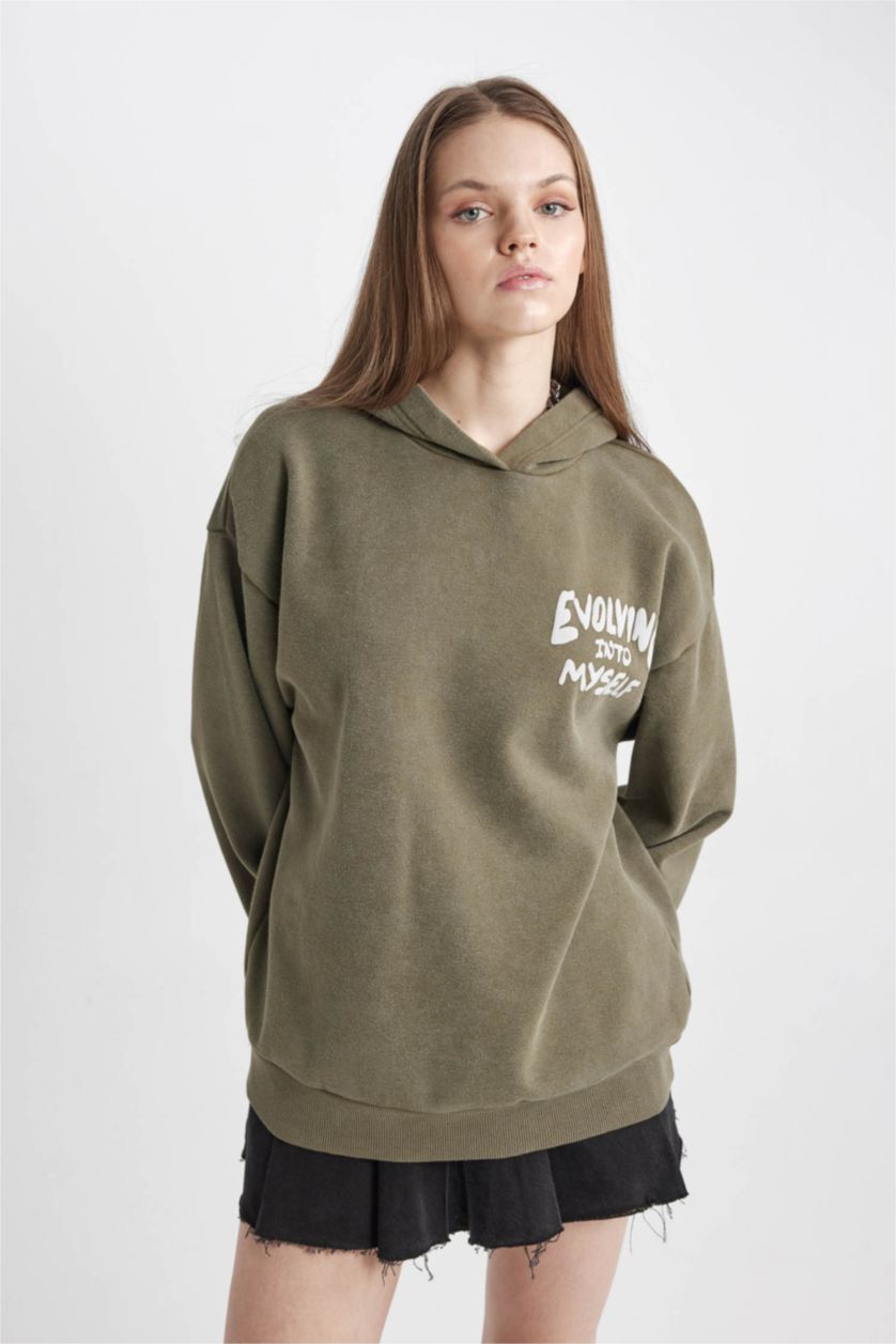 FEMME Kaki Sweatshirt à Capuche Oversize Imprimé En Tissu Épais