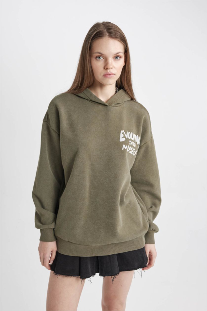 FEMME Kaki Sweatshirt à Capuche Oversize Imprimé En Tissu Épais