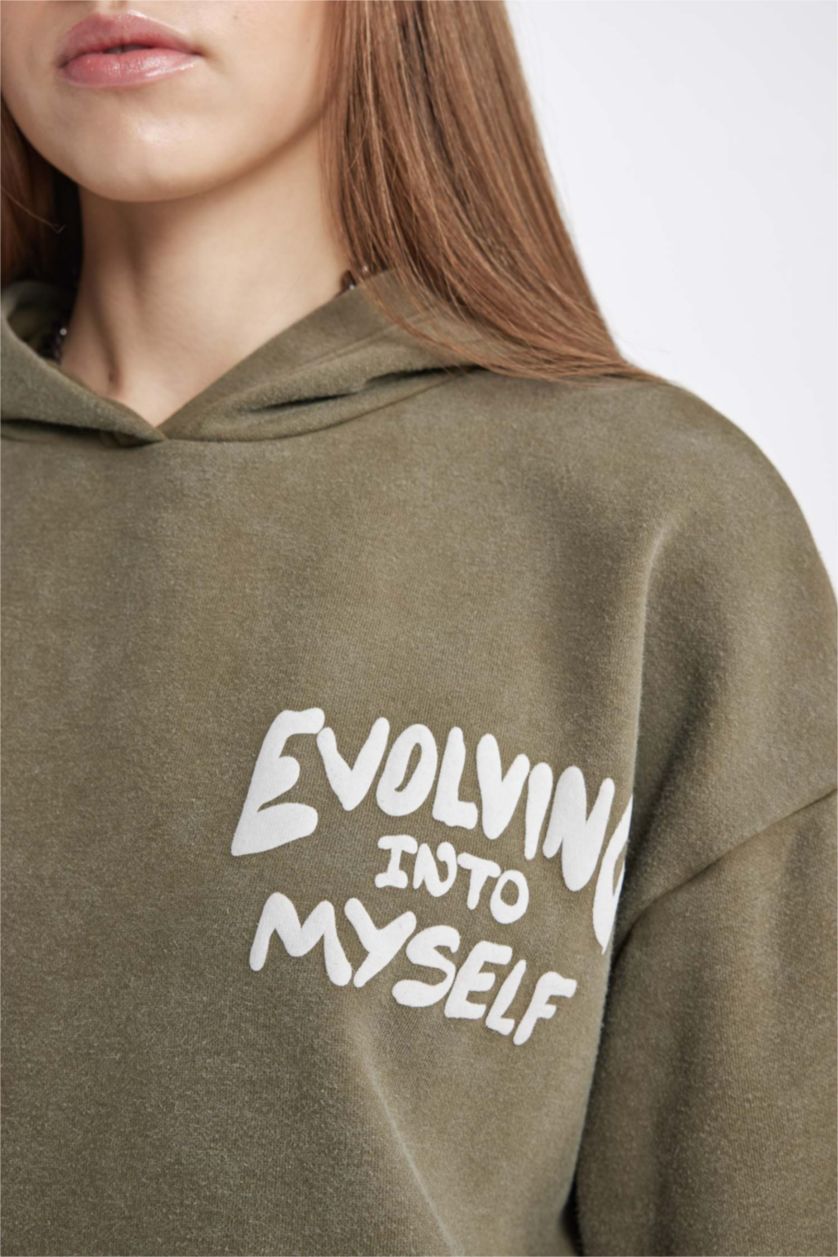 FEMME Kaki Sweatshirt à Capuche Oversize Imprimé En Tissu Épais