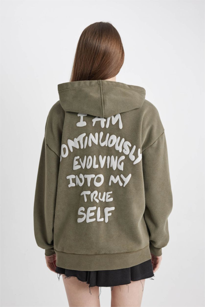 FEMME Kaki Sweatshirt à Capuche Oversize Imprimé En Tissu Épais