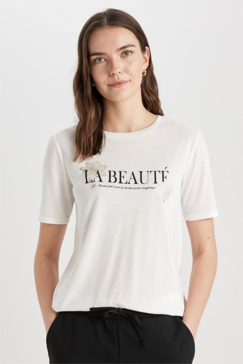 Women Ecru Regular Fit Short Sleeve T-Shirt