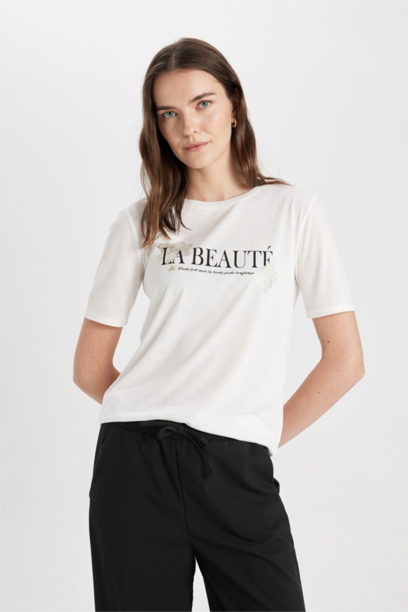 Women Ecru Regular Fit Short Sleeve T-Shirt