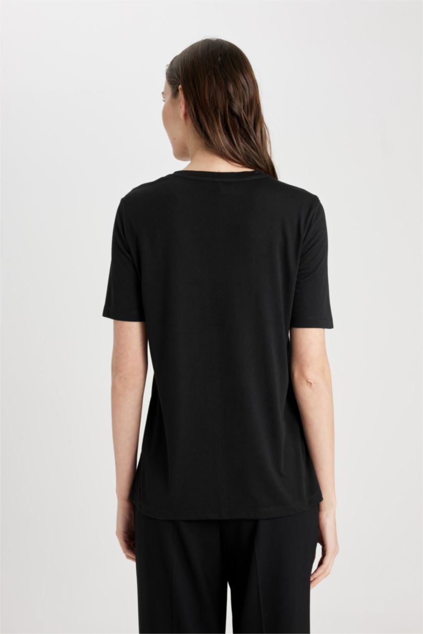 حريمي أسود تيشيرت فلورال نص كم قصة عادية برقبة مستديرة