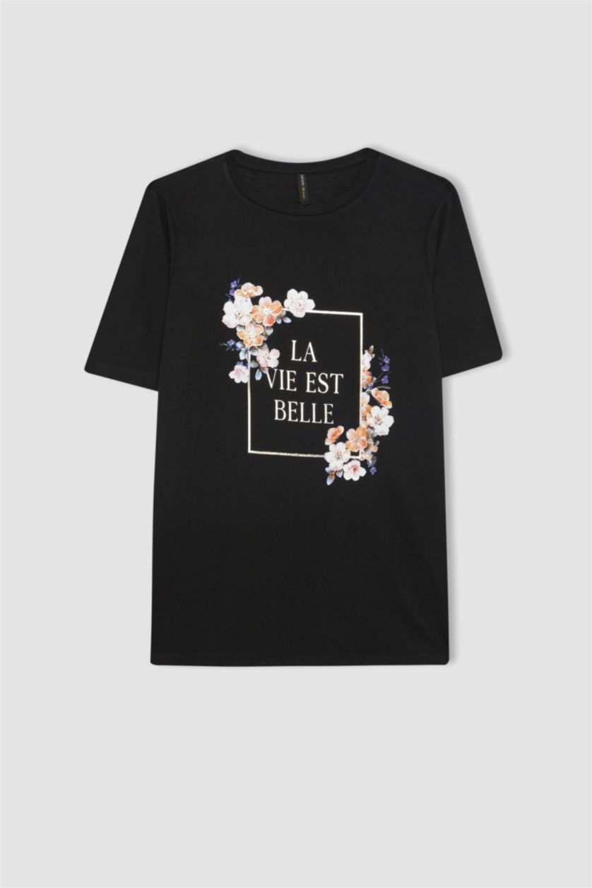 حريمي أسود تيشيرت فلورال نص كم قصة عادية برقبة مستديرة