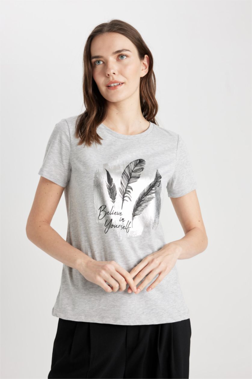 Woman Grey Melange Regular Fit Crew Neck Printed Short Sleeve T-Shirt