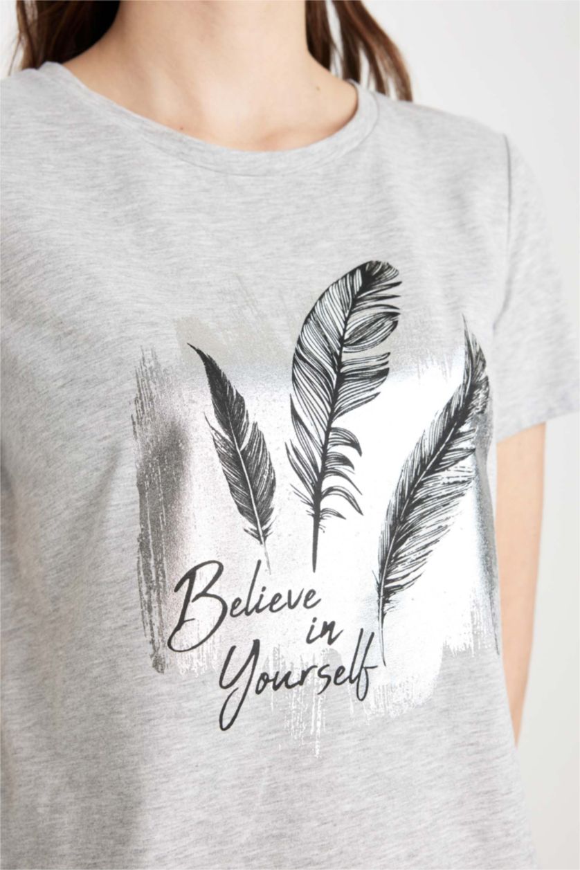 Woman Grey Melange Regular Fit Crew Neck Printed Short Sleeve T-Shirt