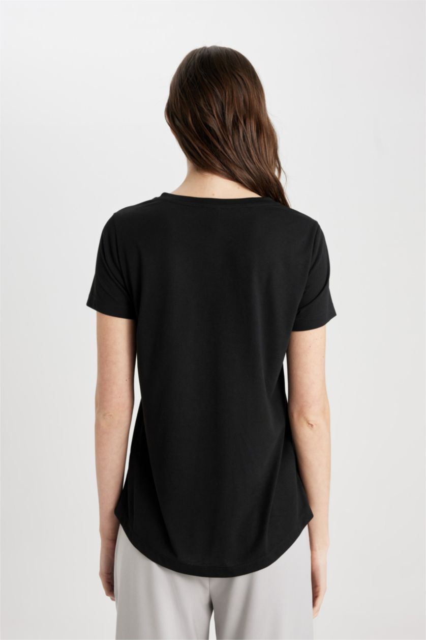 نساء أسود تيشيرت نص ردن قصة عادية بياخة مستديرة