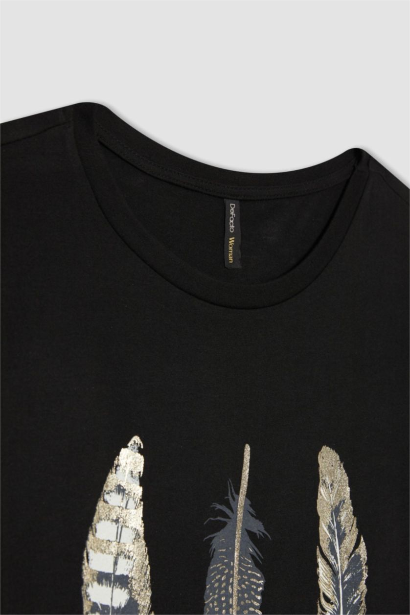 نساء أسود تيشيرت نص ردن قصة عادية بياخة مستديرة