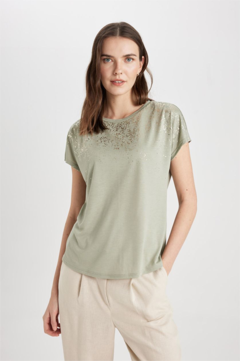 WOMAN Green Crew Neck Printed Short Sleeve T-Shirt