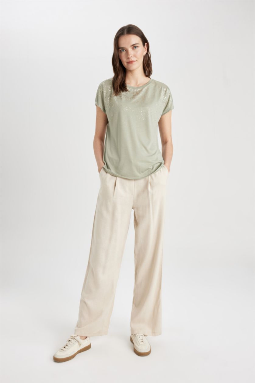 WOMAN Green Crew Neck Printed Short Sleeve T-Shirt