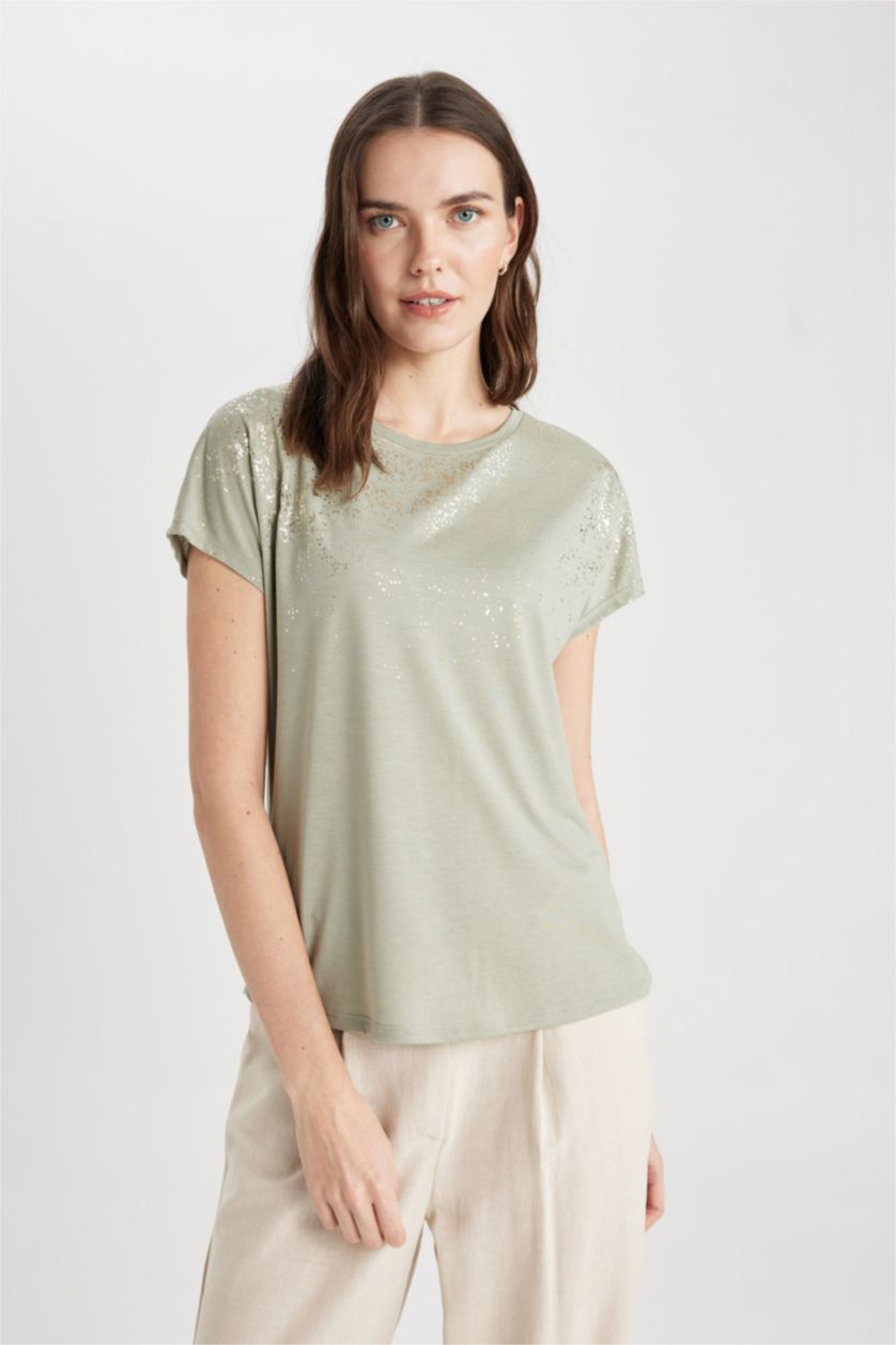 WOMAN Green Crew Neck Printed Short Sleeve T-Shirt