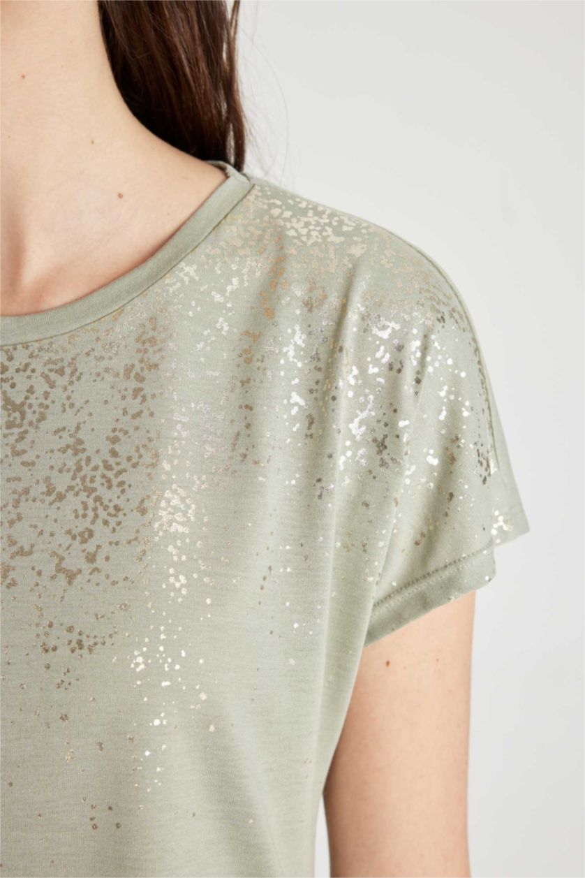 WOMAN Green Crew Neck Printed Short Sleeve T-Shirt