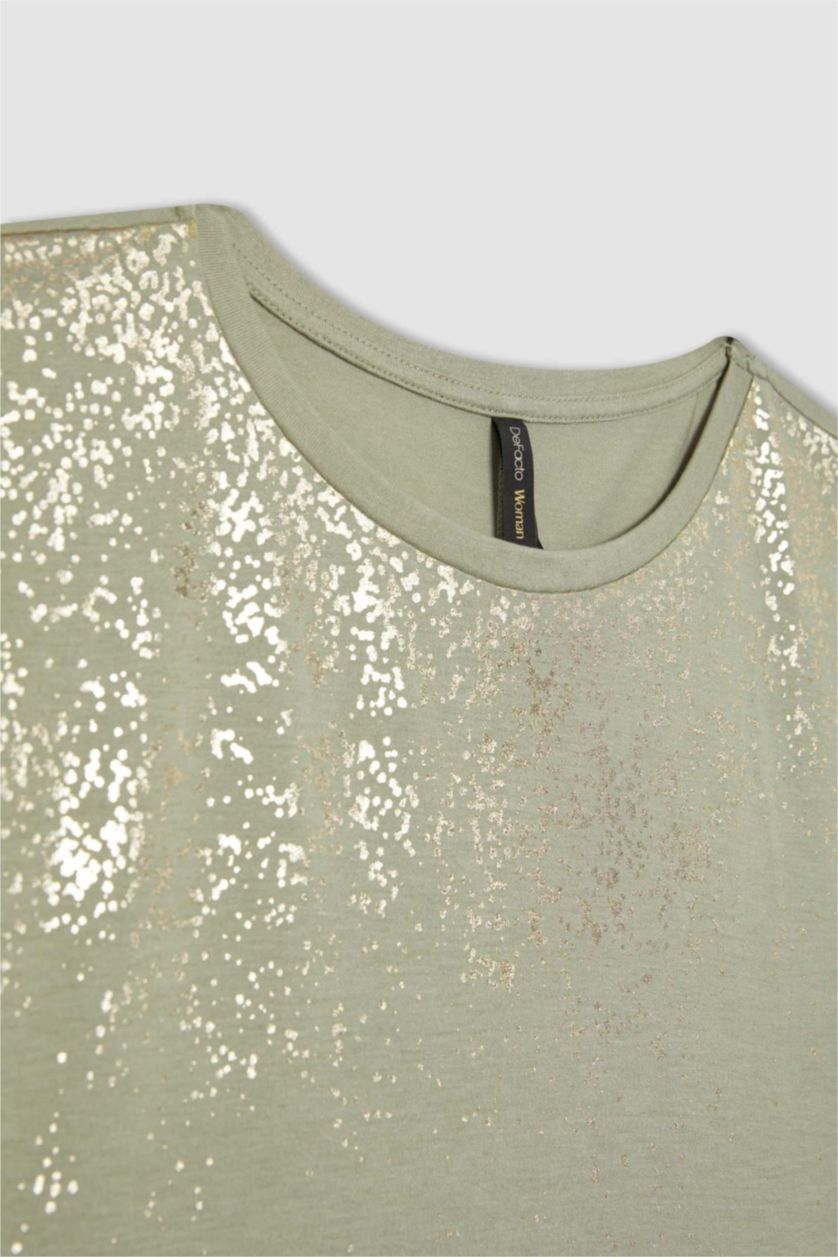 WOMAN Green Crew Neck Printed Short Sleeve T-Shirt