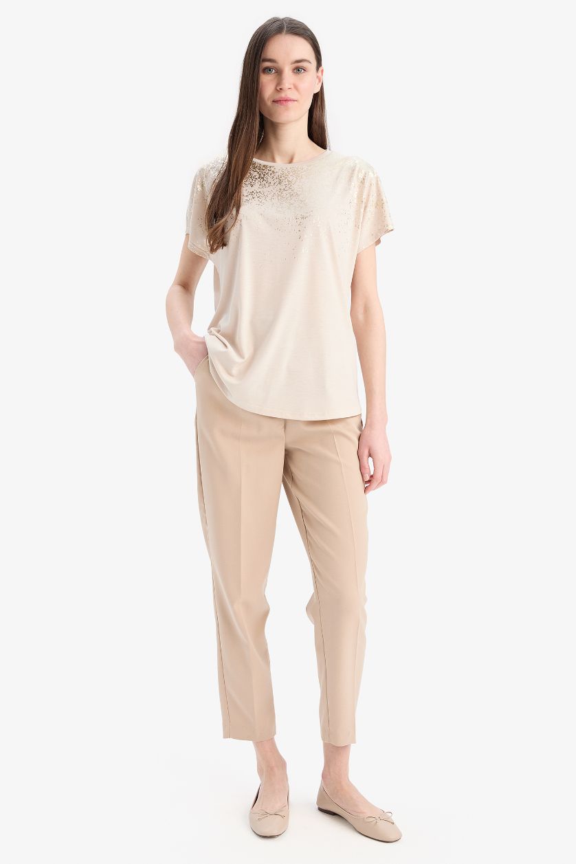 نساء حجري فاتح تي شيرت نص كم مطبوع بياقة مستديرة