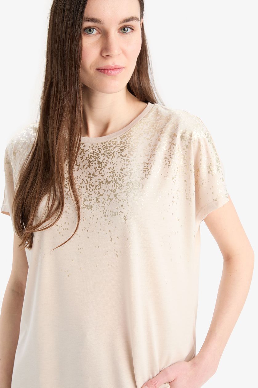 نساء حجري فاتح تي شيرت نص كم مطبوع بياقة مستديرة