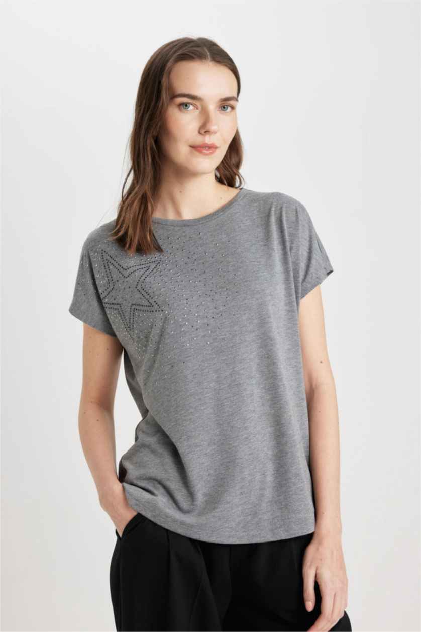 WOMAN Anthracite Melange Crew Neck Star Patterned Short Sleeve T-Shirt