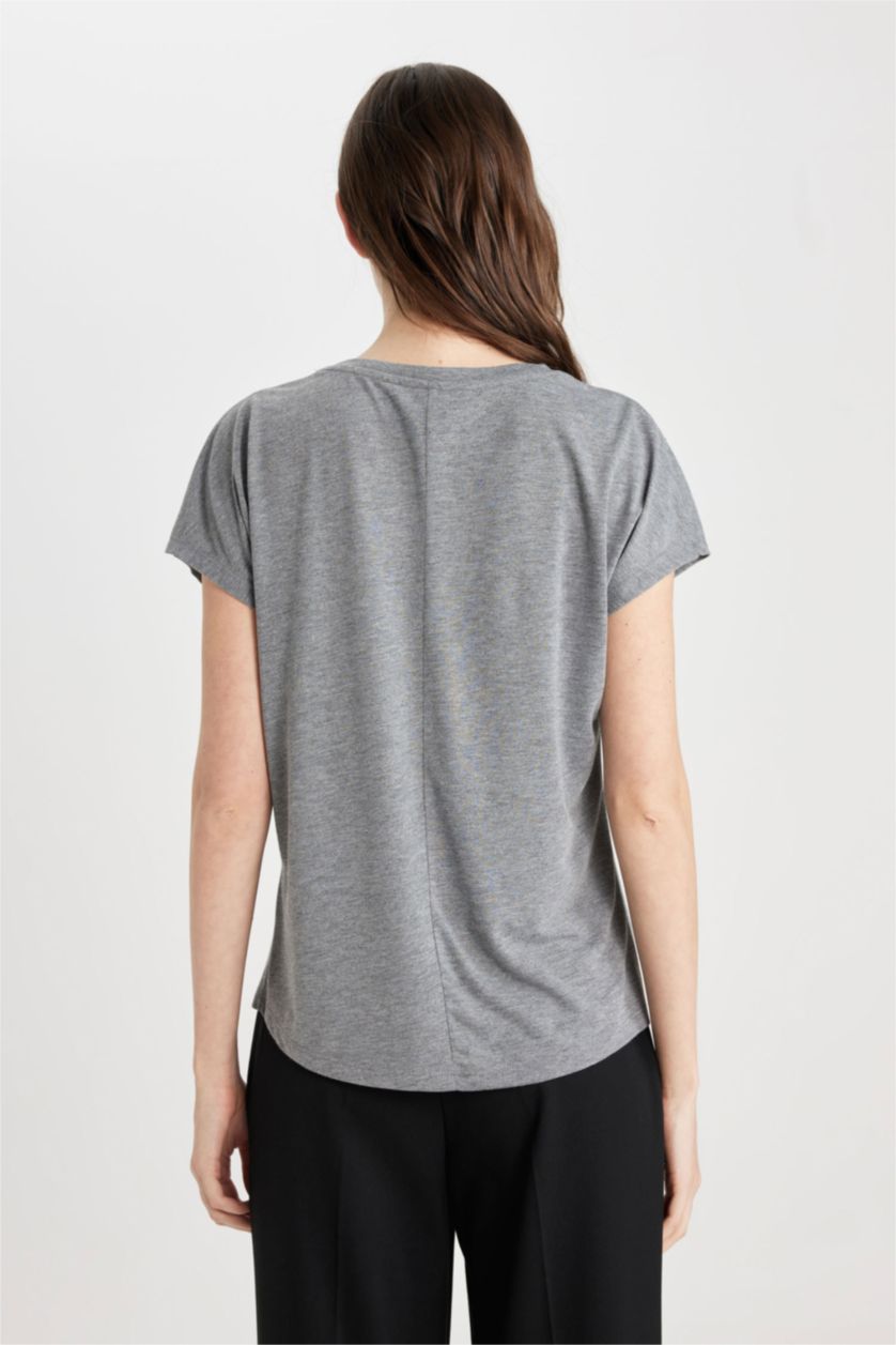 WOMAN Anthracite Melange Crew Neck Star Patterned Short Sleeve T-Shirt