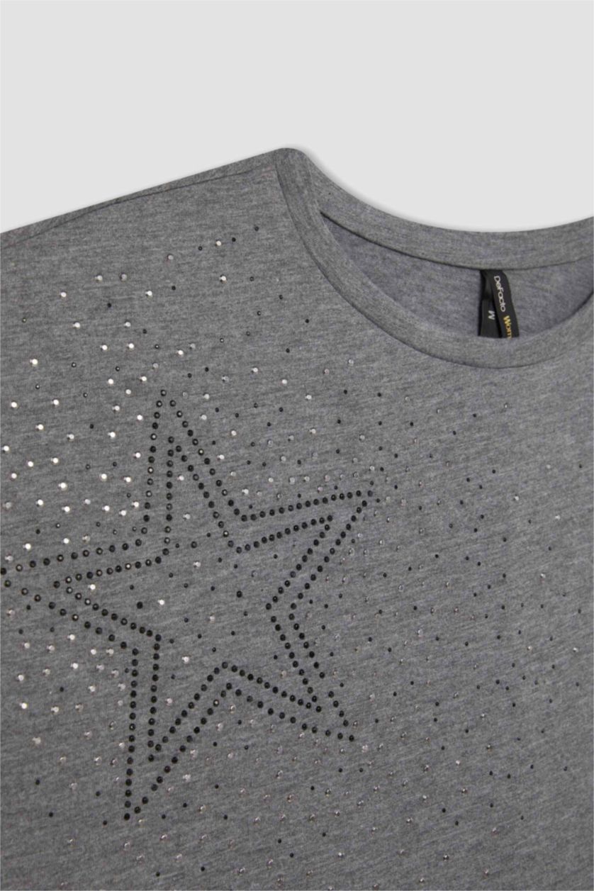 WOMAN Anthracite Melange Crew Neck Star Patterned Short Sleeve T-Shirt