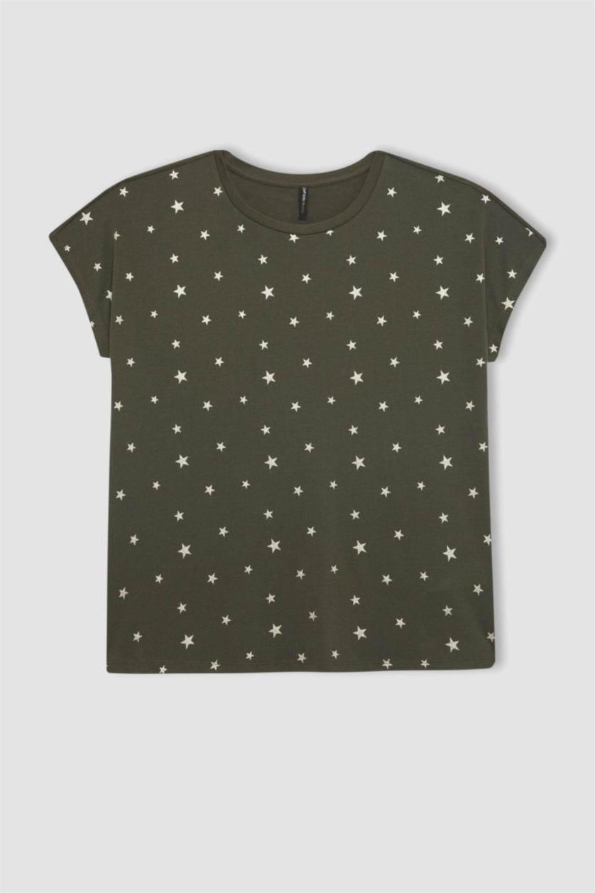 نساء كاكي داكن تيشيرت نص كم بطبعة نجم