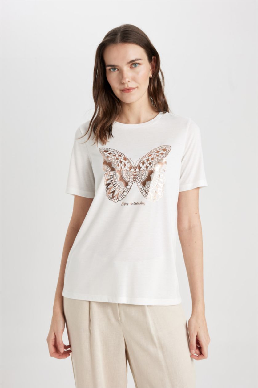 Woman Ecru Regular Fit Crew Neck Butterfly Patterned Short Sleeve T-Shirt
