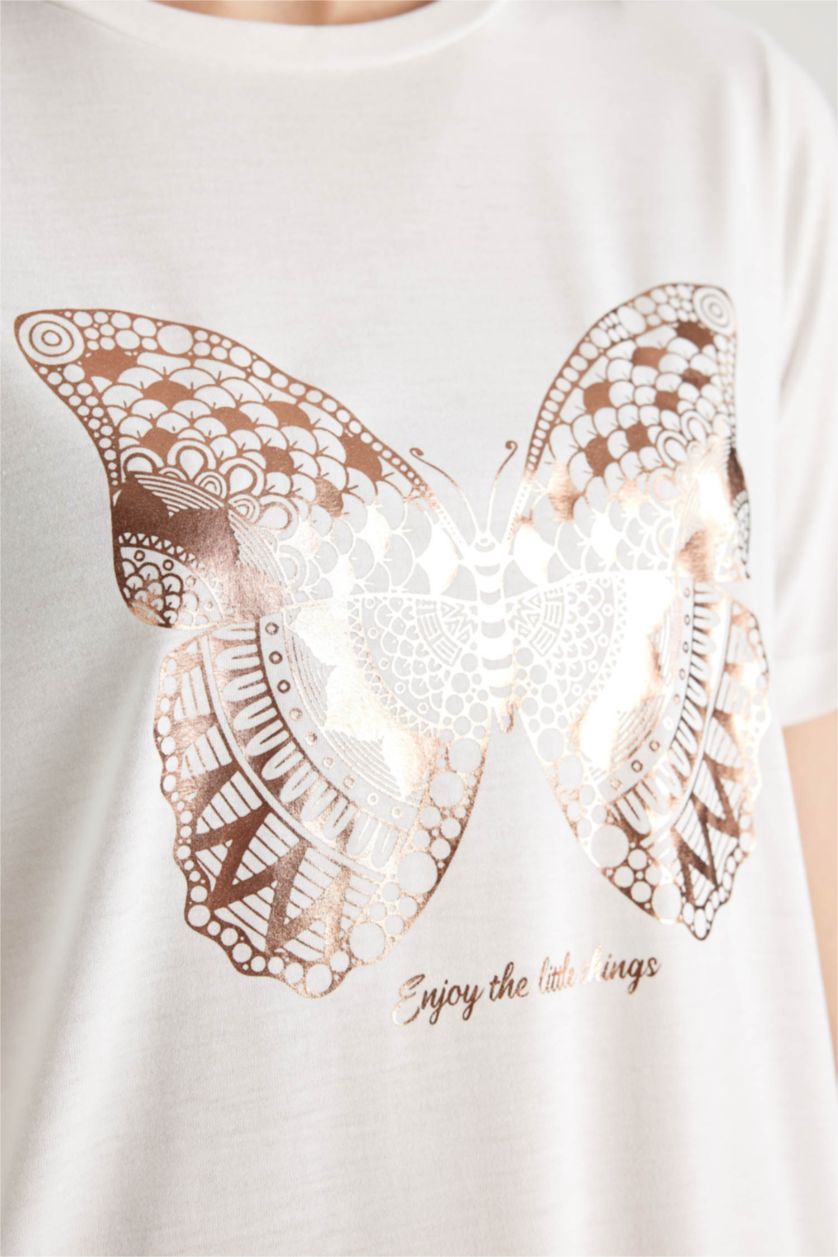 Woman Ecru Regular Fit Crew Neck Butterfly Patterned Short Sleeve T-Shirt