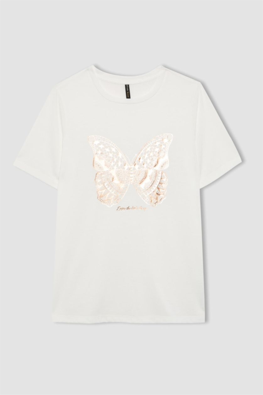 Woman Ecru Regular Fit Crew Neck Butterfly Patterned Short Sleeve T-Shirt