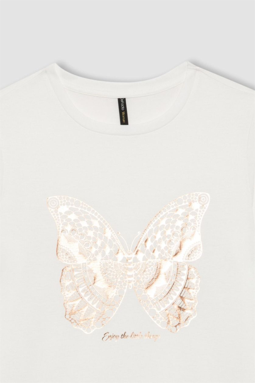 Woman Ecru Regular Fit Crew Neck Butterfly Patterned Short Sleeve T-Shirt