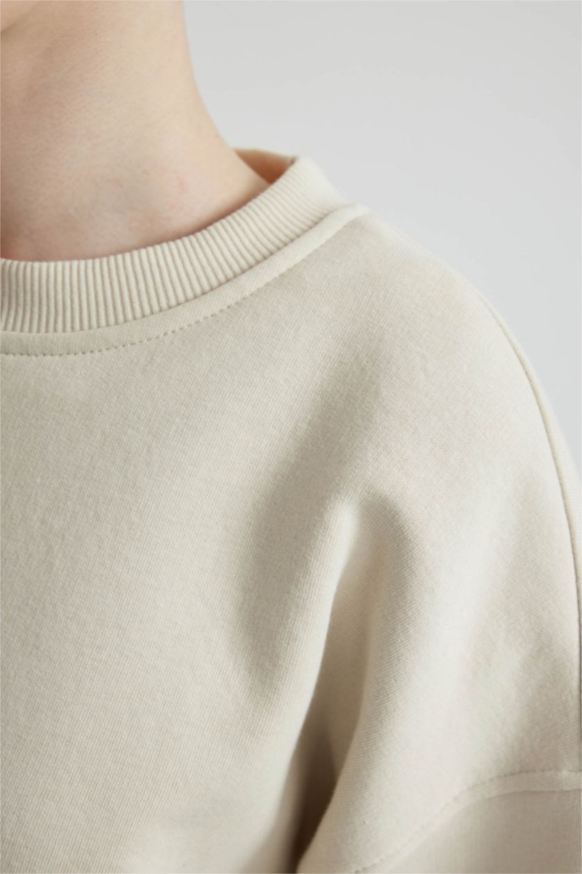 WOMAN Ecru Crew Neck Crop Basic Sweatshirt