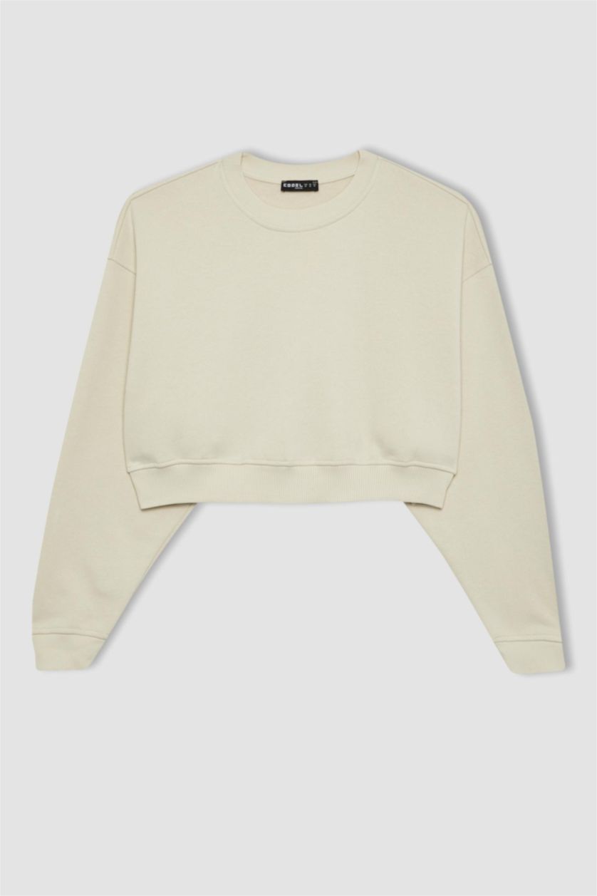 WOMAN Ecru Crew Neck Crop Basic Sweatshirt
