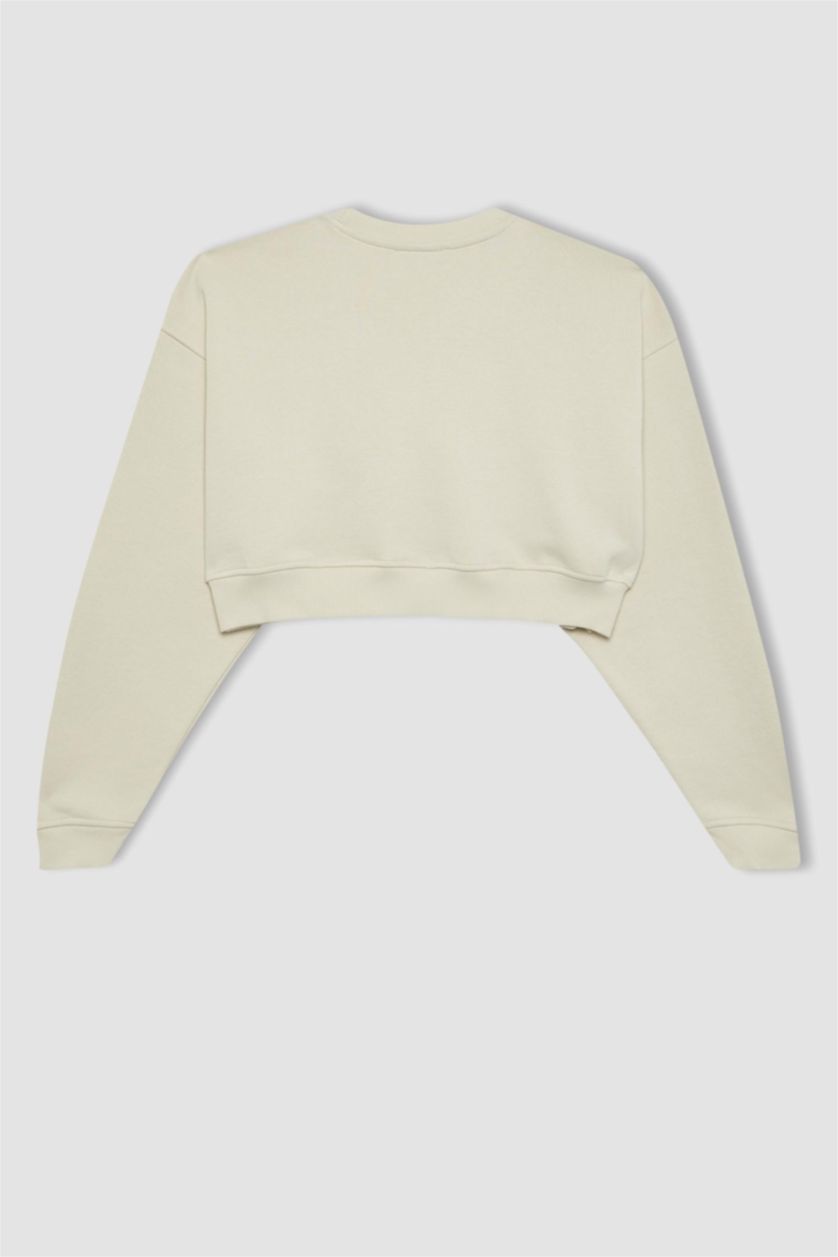 WOMAN Ecru Crew Neck Crop Basic Sweatshirt