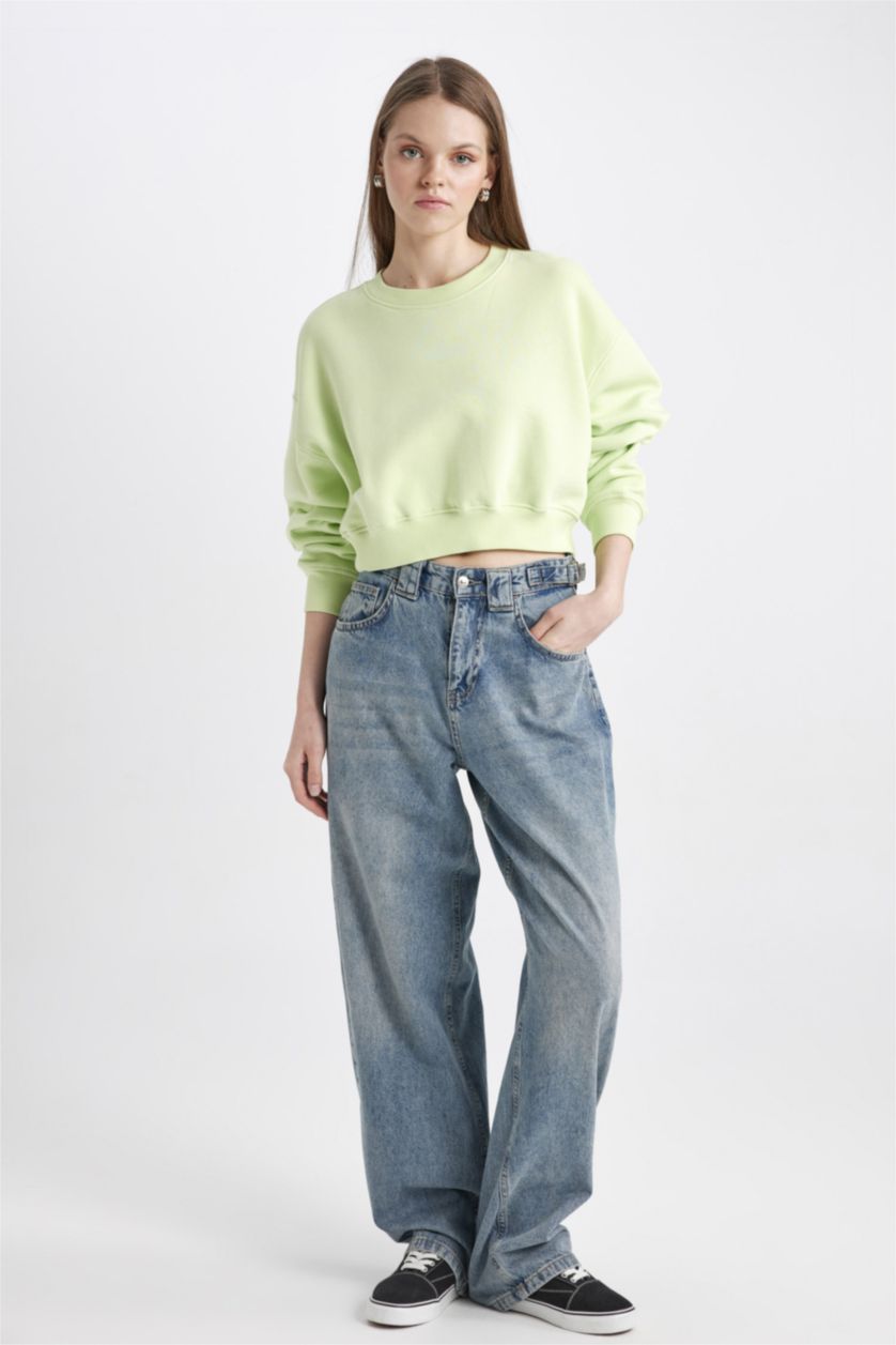 WOMAN Mint Crew Neck Crop Basic Sweatshirt