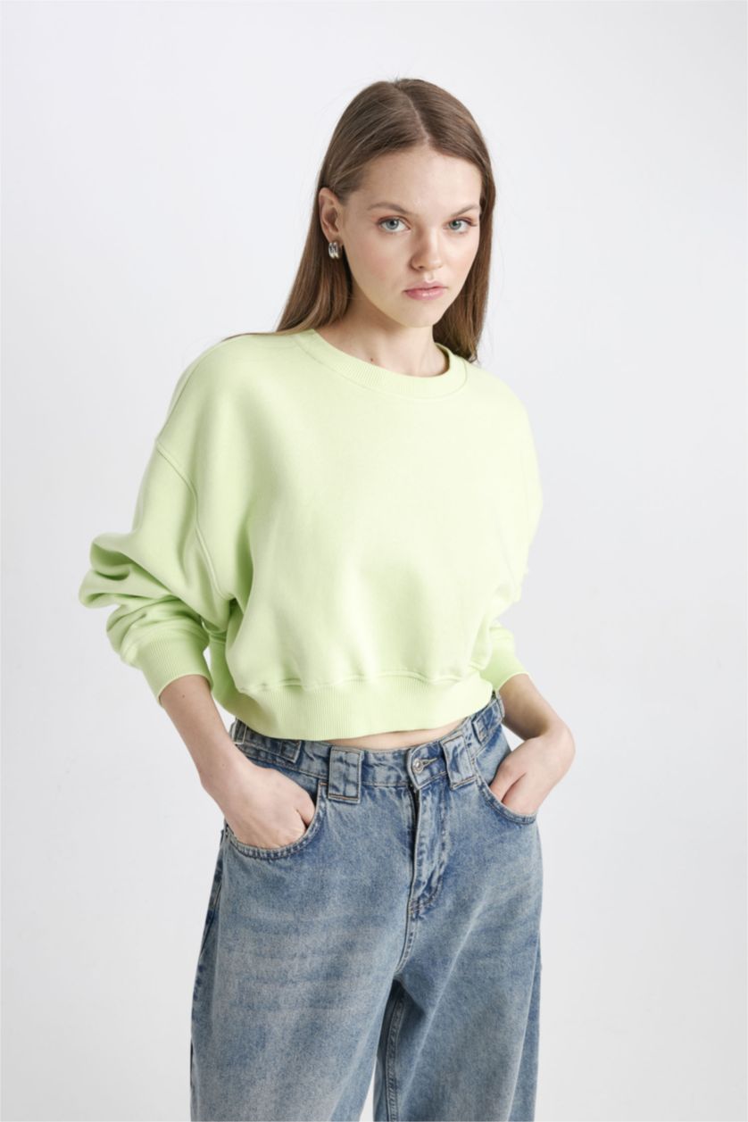 WOMAN Mint Crew Neck Crop Basic Sweatshirt